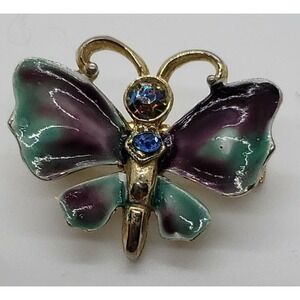 Vintage small rhinestone enamel green purple Butterfly brooch pin